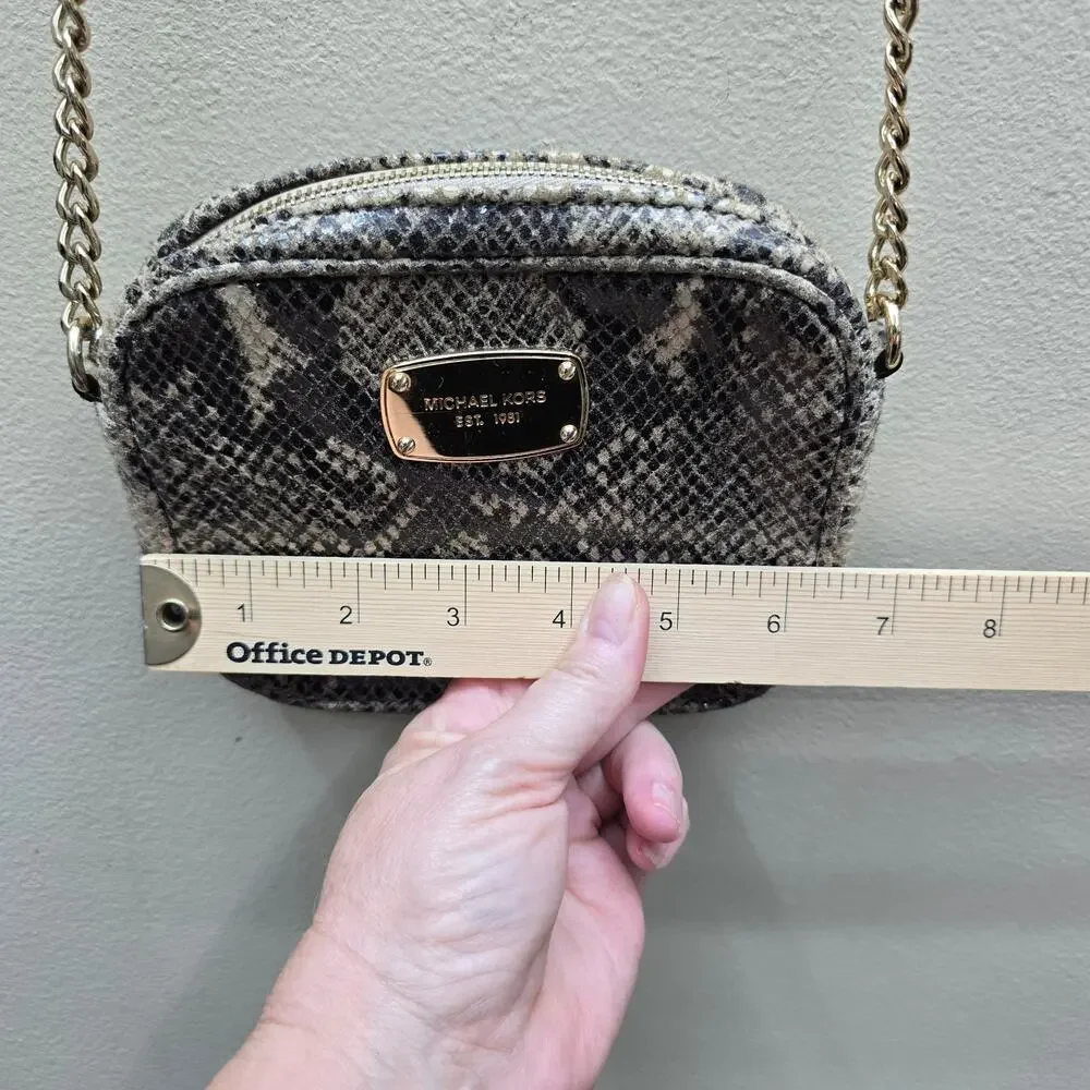 Michael Kors Snake/Python Print Leather Small Crossbody Purse Chain Detail Gray